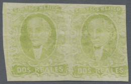 Mexico: 1856 Hidalgo 2r. Yellow-green Horizontal Pair W/o District Name, Variety - Mexico