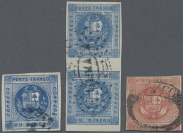 Peru: 1858 1d. Blue Vert. Pair Plus 1p. Red Used On Letter From Jaena To Cochaba - Pérou
