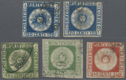 Uruguay: 1858 "El Sol De Mayo" 120c. Blue (2), 180c. Green (2) And 240c., All Us - Uruguay