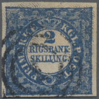 Denmark: 1852 2 R.B.S. Blue, Type 10 From Plate 1, Pos. 96, Used With Numeral "1 - Sonstige & Ohne Zuordnung