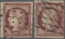 France: 1849 Ceres 1fr. Carmine, Two Singles Used With Faults, One Cancelled By - Oblitérés