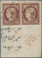 France: 1849 Ceres 1fr. Carmine Horizontal Pair, Used On Small Part Of Cover (pr - Other & Unclassified