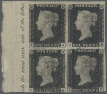 Great Britain: 1840 1d. Grey-black, Plate 2, MARGINAL BLOCK OF FOUR (IA/JB) From - Other & Unclassified