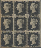 Great Britain: 1840 1d. Black, Plate 4, BLOCK OF NINE (GI/IK), Mounted Mint With - Other & Unclassified