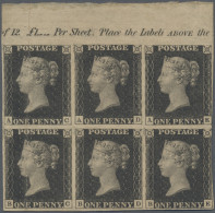Great Britain: 1840 1d. Black, Plate 8, Horizontal MARGINAL BLOCK OF SIX From Th - Other & Unclassified