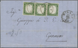 Italian States - Sardinia: 1863, 10c. Green, Three Copies Of Rich Colour And Mai - Sardaigne