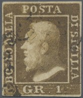 Italian States - Sicily: 1859, 1 Gr Olive Brown Used With Large Coloured Spot On - Sicilia