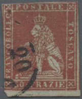 Italian States - Tuskany: 1851, 60 Cr Brown Red On Blued Paper, Used, Large Marg - Toscana