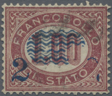 Italy: 1878, 2 C Blue On 1.00 L Dark Lila, Part Of The Overprint Missing (parts - Usados