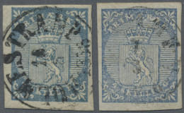Norway: 1855 First Issue 4sk. Blue, Two Singles Used (one With Holmestrand C.d.s - Cartas & Documentos