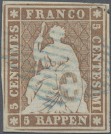 Schweiz: 1854, 5 Rp. Gelbbraun, Münchner Druck Auf Dünnem Papier Mit Grünem Seid - Used Stamps