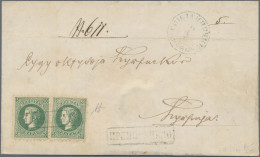 Serbia: 1873, Milan 50pa. Green, Perf. 9½:12, Two Copies Oblit. By Boxed "Franco - Serbien