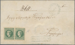 Serbia: 1873, Milan 50pa. Green, Perf. 9½:12, Two Copies Oblit. By Boxed "Franco - Serbie