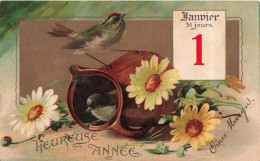 FETES ET VOEUX - Nouvel An - Un Carafe Décoré De Tournesols  Avec Deux Oiseaux - Colorisé - Carte Postale Ancienne - New Year