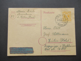 Bizone Am Post 19.9.1945 Nr.6 EF Fern PK Alte Hitler GA Mit Propaganda Zudruck überklebt / Geschwärzt Hamm Westf - Eutin - Covers & Documents