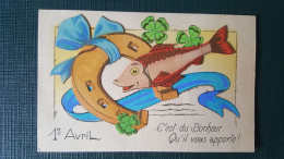 Premier Avril , Poisson D'avril , Carte Artisanale ,fer à Cheval, Trefle Porte Bohneur - April Fool's Day