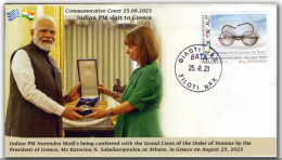 GREECE 2023 India PM Narendra Modi Visit Pesident ,Mahatma Gandhi Glass,Specs,Flag, Cover (**) Inde Indien - Storia Postale