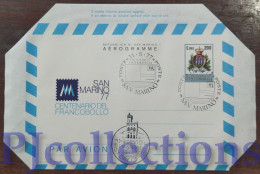 5635- SAN MARINO 1977 AEROGRAMMA CENTENARIO DEL FRANCOBOLLO L.200 C/ANNULLO 1° GIORNO - Cartas & Documentos