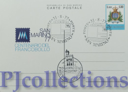 5634- SAN MARINO 1977 CARTOLINA POSTALE CENTENARIO DEL FRANCOBOLLO L.130 C/ANNULLO 1° GIORNO - Cartas & Documentos