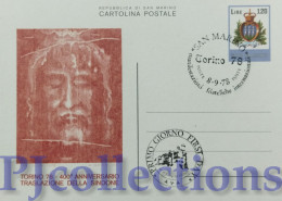 5645- SAN MARINO 1978 CARTOLINA POSTALE TRASLAZIONE DELLA SACRA SINDONE A TORINO L.120 C/ANNULLO 1° GIORNO - Briefe U. Dokumente