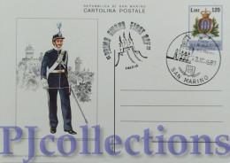 5666- SAN MARINO 1980 CARTOLINA POSTALE UNIFORMI MILITARI L.120 C/ANNULLO 1° GIORNO - Lettres & Documents