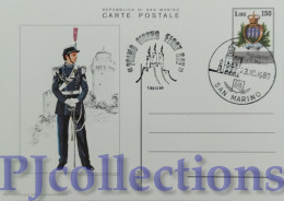 5669- SAN MARINO 1980 CARTOLINA POSTALE UNIFORMI MILITARI L.150 C/ANNULLO 1° GIORNO - Lettres & Documents