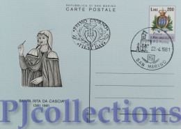 5676- SAN MARINO 1981 CARTOLINA POSTALE SANTA RITA DA CASCIA L.200 C/ANNULLO 1° GIORNO - Storia Postale