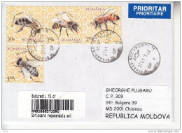 ROMANIA : HONEY BEES 4 Stamps On Registered Cover Circulated To MOLDOVA #300589234 - Registered Shipping! - Gebraucht