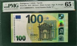 100 EURO SPAIN 2019 DRAGHI V001A5 VA0000 PMG 65 RARE VERY LOW SERIAL NUMBER SC FDS UNCIRCULATED PERFECT - 100 Euro