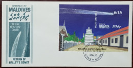 Return Of Haley's Comet Over The Grand Mosque, Islamic Architecture, IMPERF Miniature Sheet, Maldives FDC - Moscheen Und Synagogen