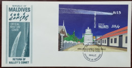 Return Of Haley's Comet Over The Grand Mosque, Islamic Architecture, IMPERF Miniature Sheet, Maldives FDC - Mosques & Synagogues