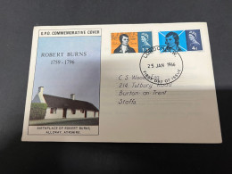 14-9-2023 (1 U 9) UK FDC Cover (1 Cover) 1966 - Robert Burns - 1952-1971 Pre-Decimal Issues