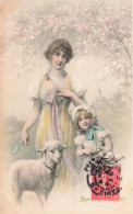 Illustrateur - Wichera - Femme Et Enfant Avec Un Agneau - Joyeuse Pâques - Carte Postale Ancienne - Wichera
