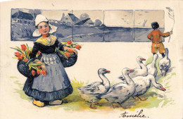 FANTAISIES - Petite Fille - Petit Garçon - Oies - Colorisé - Carte Postale Ancienne - Other & Unclassified