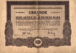 Urkunde über 10 Aktien+ Erneuerungsschein  - Nordische Küsten-Reederei AG Cuxhaven - 1923 - - Schiffahrt