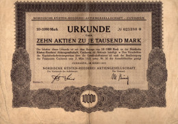 Urkunde über 10 Aktien+ Erneuerungsschein  - Nordische Küsten-Reederei AG Cuxhaven - 1923 - - Scheepsverkeer