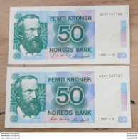NORVEGE : 2 Billets N° Consécutifs De 50 Kronor 1985, Pratiquement Neufs ........ PHI....Class8 - Norvège