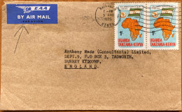 UGANDA 1975, COVER USED TO ENGLAND , MAP, FLAG, NAIROBI CITY CANCEL, VIGNETTE LABEL, EAA AIRMAIL, EAST AFRICAN AIRLINES - Uganda (1962-...)