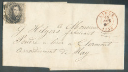 N°6 - Médaillon 10 Centimes Brun, TB Margé, Obl; P.73 Sur Lettre De LIEGE Le 23 Oct. 1856 Vers Clermont Huy   - 21515 - 1851-1857 Medallions (6/8)