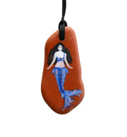 Blue MERMAID Hand Painted On A Sea-Worn Terracotta Pendant - Anhänger