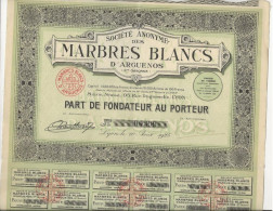 MARBRES BLANCS D'ARGUENOS - HAUTE -GARONNE - PART DE FONDATEUR  ANNEE 1925 - Andere & Zonder Classificatie