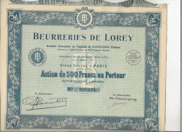 BEURRERIES DE LOREY  LOT DE 5- ACTION DE 500 FRS -ANNEE 1929 - Landbouw