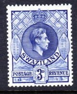 SWAZILAND - 1938 KGVI DEFINITIVE 3d STAMP PERF 13½ X 13 FINE LIGHTLY MOUNTED MINT LMM *  SG 32 - Swaziland (...-1967)