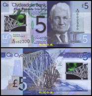 Scotland Clydesdale Bank £5, (2016) WHS Prefix, Low Serial Number, Polymer, UNC - 5 Pounds
