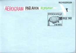 SUEDE / AEROGRAMME DE 1KR NILS HOLGERSON VOYAGE LE 7/10/1972 - Enteros Postales