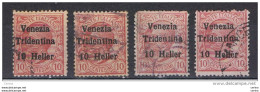 TRENTINO:  1918  SOPRASTAMPATO  -  10 H./10 C. ROSA  US. -  RIPETUTO  4  VOLTE  -  SASS. 29 - Trentin