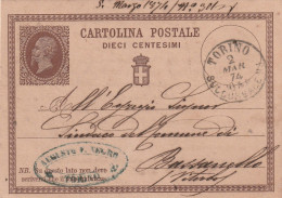 Italie Entier Postal Cachet Commercial Augusto Neoro TORINO Succursale 1 -  2/3/1874 Pour  Bassanello - Postwaardestukken