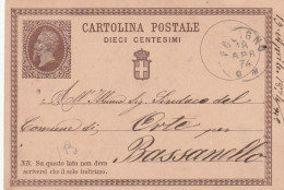 Italie Entier Postal Verso Cachet Commercial FOLIGNO 18/4/1874 Pour Orte Par Bassanello - Postwaardestukken