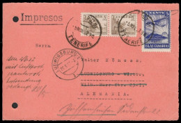 1937 SPAIN CANARY ISLANDS 5C AIRMAIL VIGNETTE ON PRINTED MATTER TO GERMANY - Storia Postale