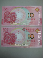 Macau Macao Set 2 PCS, 10 Patacas, 2022,  Year Of Tiger, BNU & BOC, UNC Bnaknote - Macau